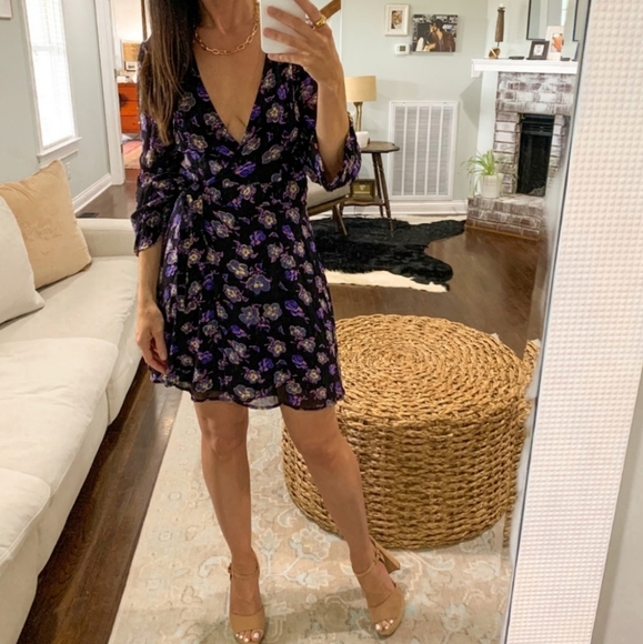 Ganni Georgette Dress Mini Wrap Purple Black Floral Size 38 US 6 - Picture 1 of 9